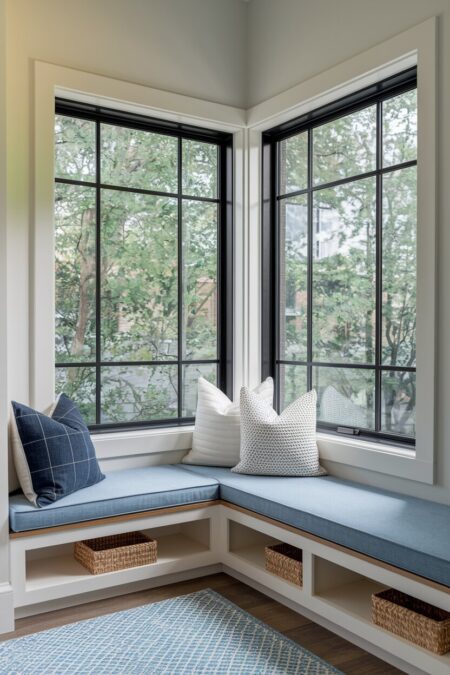 modern custom corner window seat with cubbies