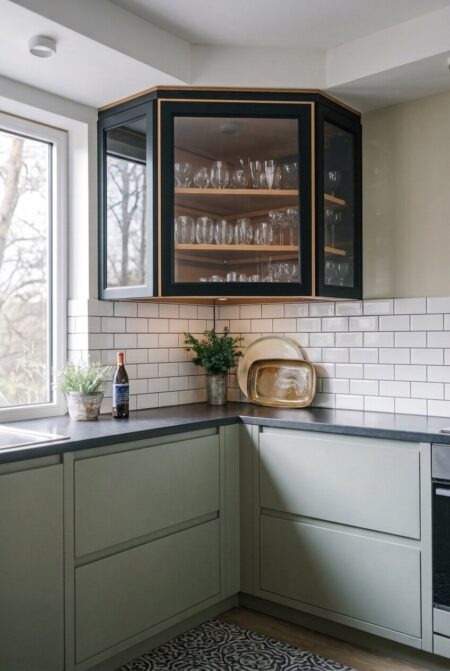 modern kitchen with a diagonal corner upper cabinet with glass front