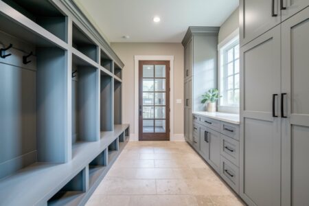 modern mudroom with gray cabinets and lockers, beige tile flooring