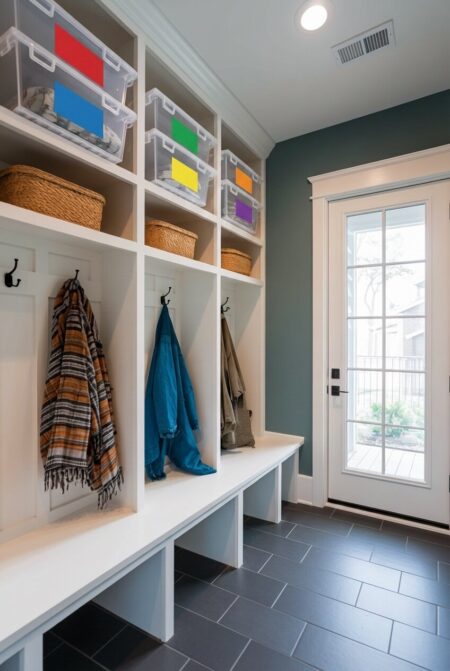 mudroom has clear seasonal bins with colorful labels above lockers