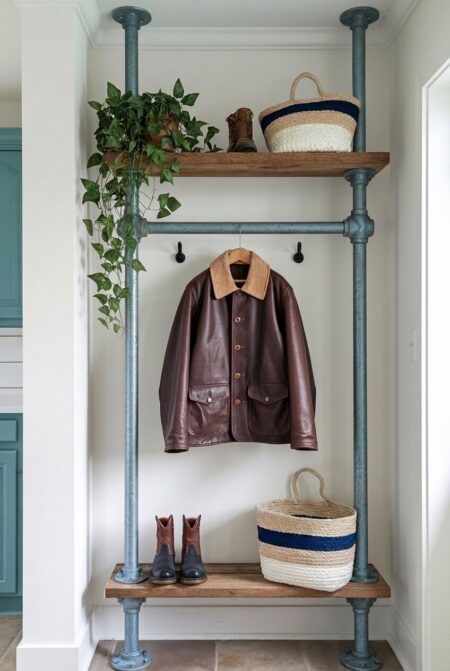 mudroom with an industrial pipe rack for heavy clothes and reclaimed wood shelving