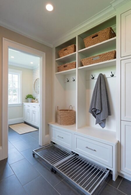 mudroom with custom pull-out drying racks
