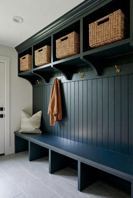 mudroom with dark furniture and woven baskets for storage