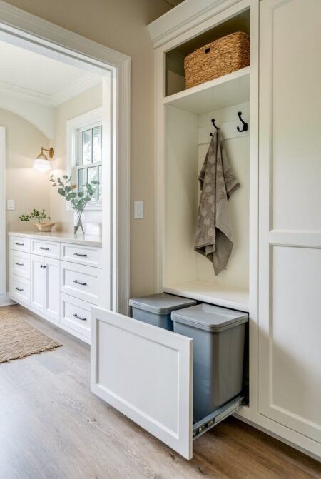 mudroom with small pull-out trash and recycling bins