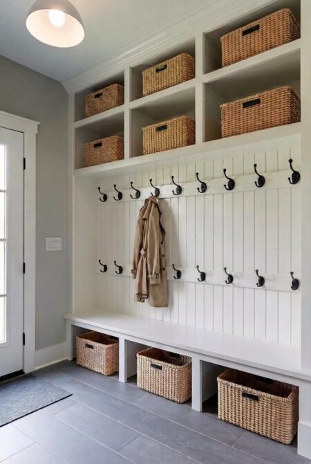mudroom with two rows of heavy-duty dual height coat hooks