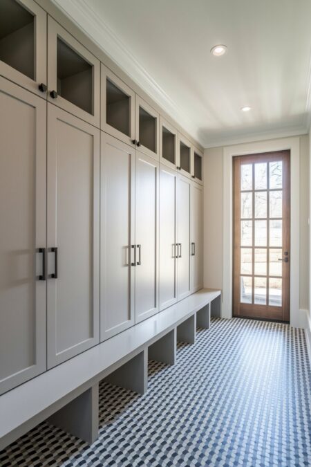 neutral integrated floor-to-ceiling mudroom lockers with doors