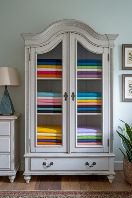 old armoire hutch with glass doors and colorful blankets inside