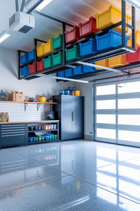 overhead ceiling racks with colorful storage bins above the garage door