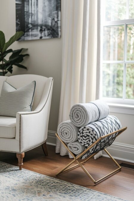 repurposed magazine rack used for blanket storage