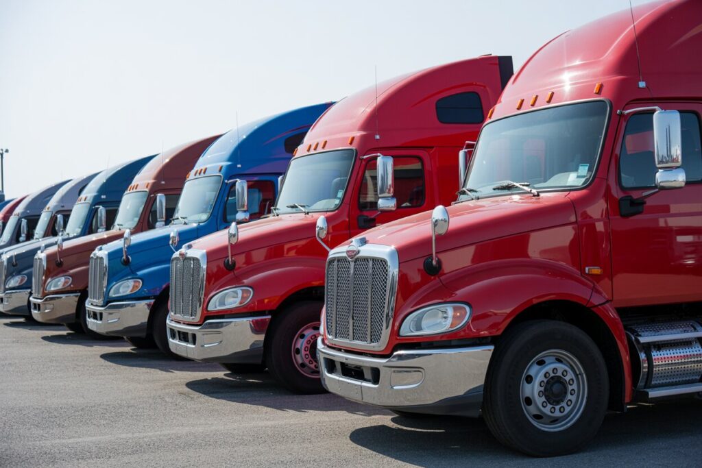 a row of semi trucks of red and blue colors