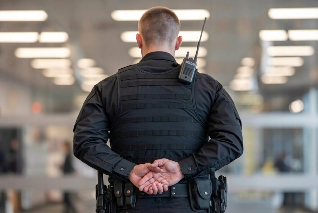 security guard wearing a bulletproof vest, from behind