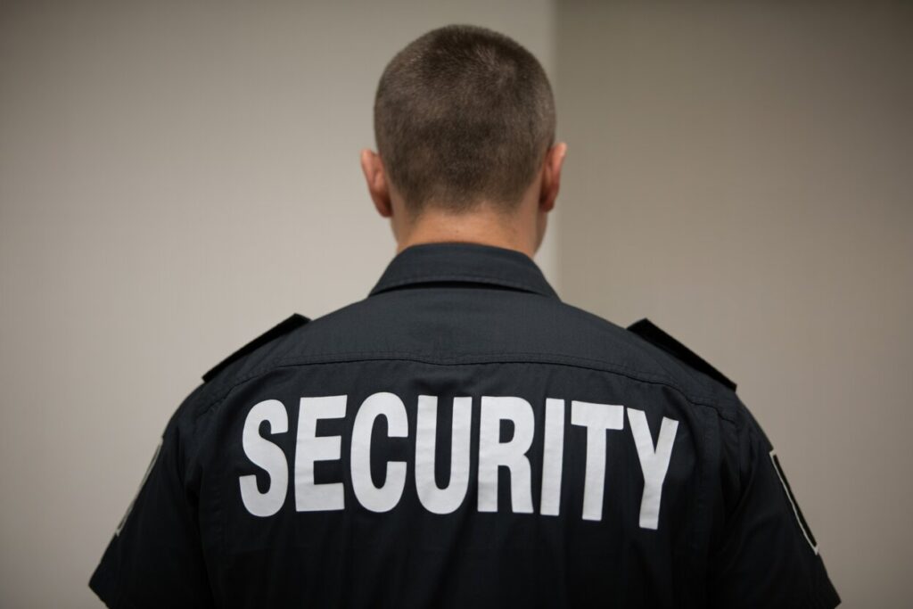 Security company name ideas. security guard with a word "security" on his back