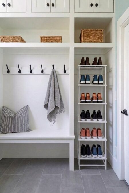 small mudroom with a vertical shoe tower and white furniture