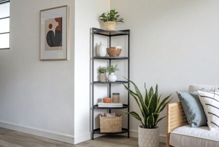 Corner storage ideas. A tall metal corner storage unit in the modern living room.