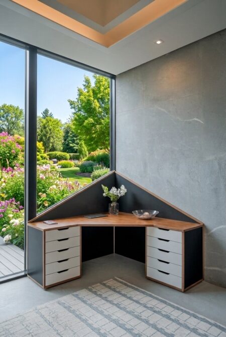 triangular corner desk with drawers for storage, placed next to the window with a garden view