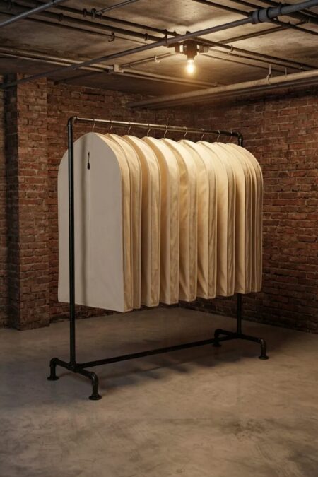 unfinished basement with a freestanding industrial garment rack and canvas garment bags for hanging clothes