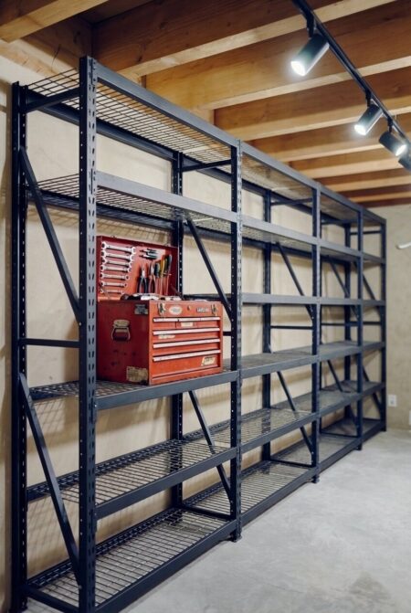 unfinished basement with heavy-duty industrial metal shelving with wire grid shelves