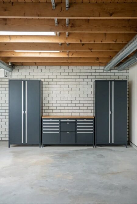 unfinished basement with resin storage cabinets