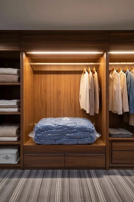 vacuum sealed bag with a comforter inside in the walk-in closet