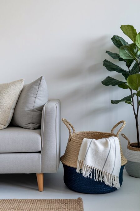 woven floor basket used for throw blanket storage