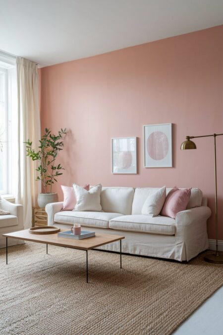 blush pink pastel living room with an ivory linen sofa, jute rug, and a brass floor lamp