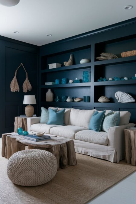 coastal dark living room with deep ocean blue walls, weathered driftwood coffee and side tables, sea glass decor