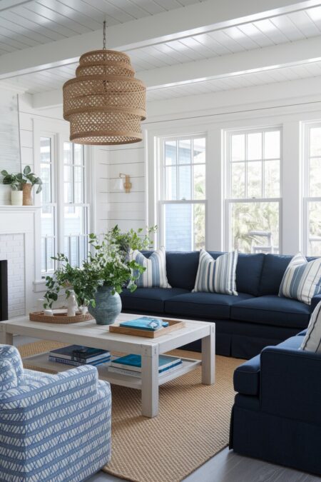 coastal navy blue living room furniture and shiplap walls