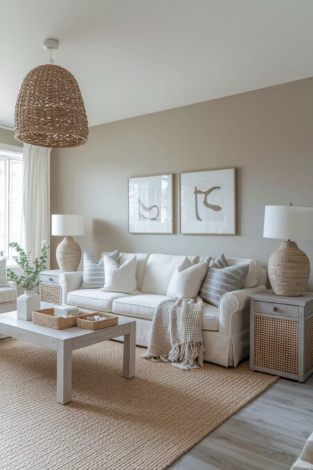 coastal neutral living room with light taupe walls and woven decor