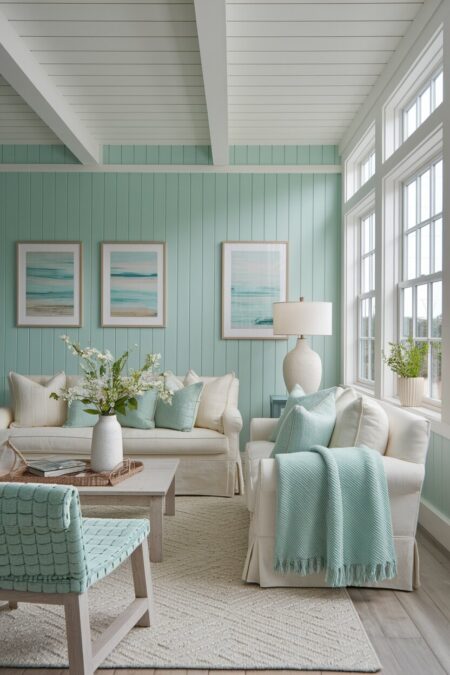 coastal pastel living room with soft aqua walls, bleached wood furniture, and light color sofa upholstery