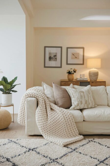 cozy cream living room with warm ambient lighting and a chunky knit blanket