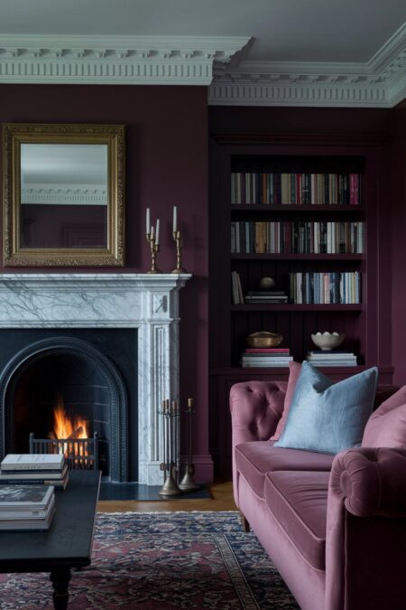 cozy dark living room with burgundy walls, a fireplace, and a rolled-arm dusty rose velvet sofa