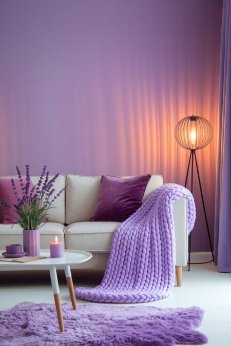 cozy lavender living room with a chunky knit lavender throw on a linen sofa, velvet pillows, and warm amber lighting