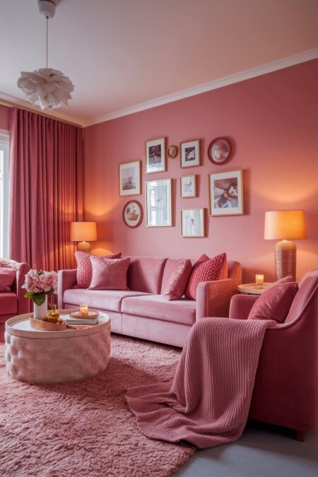 cozy pink living room with plush textures and warm lighting