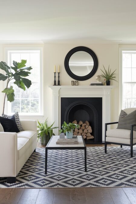 cream and black living room with a fireplace