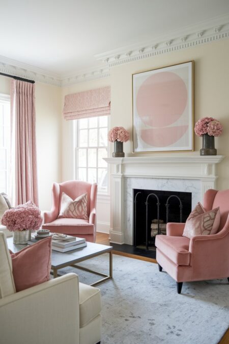 cream and blush living room with velvet accent chairs
