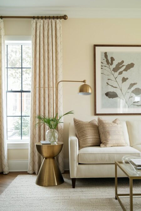 cream living room with a brass floor lamp and side table