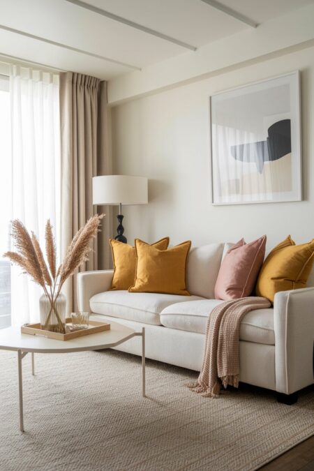 cream living room with a cream sofa with mustard yellow and blush throw pillows