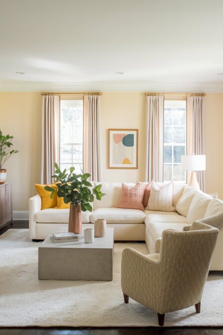 cream living room with cream-painted walls and a light sectional