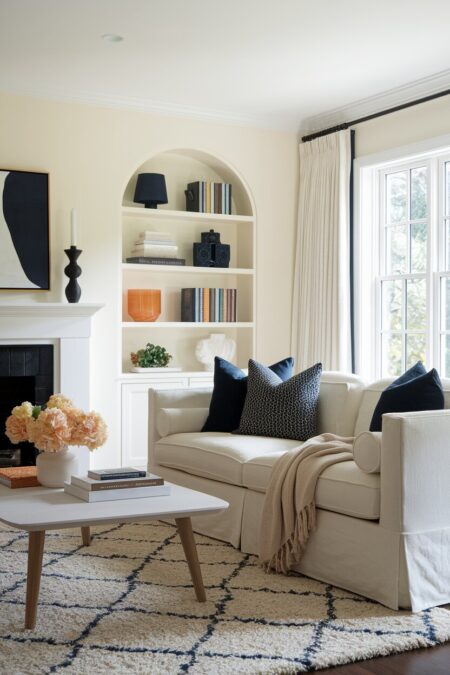 cream living room with deep navy throw pillows and artwork