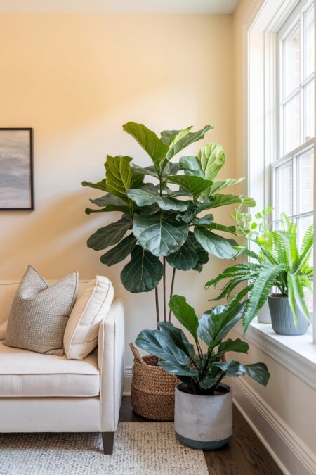 cream living room with fiddle leaf figs and other houseplants