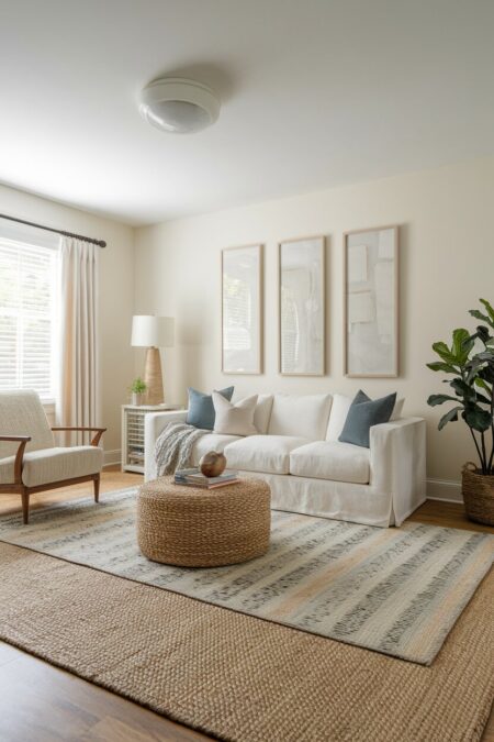 cream living room with layered rugs