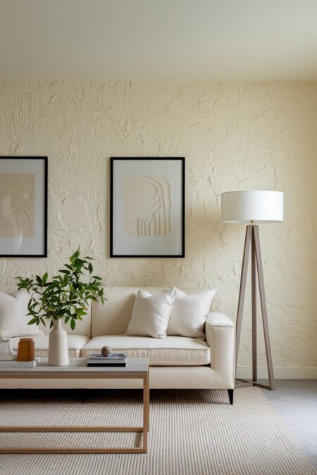 cream living room with textured plaster finish on the walls and a modern couch