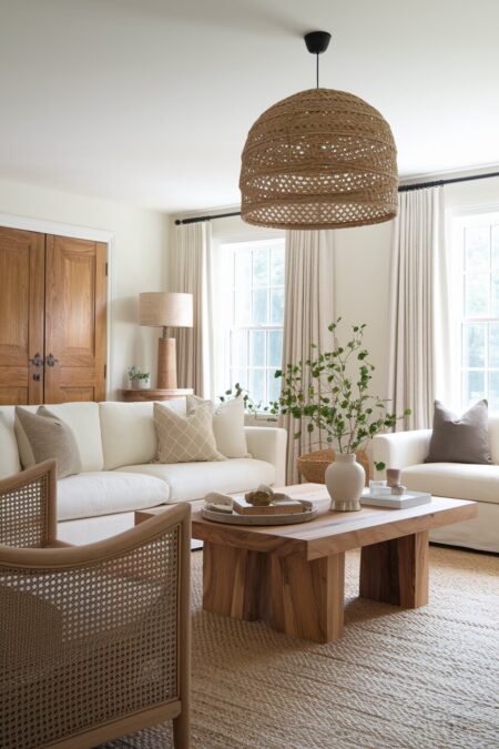 cream living room with wood accents in the furniture and decor
