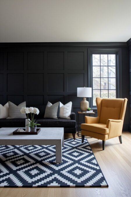dark charcoal living room with a black-and-white geometric rug and mustard yellow accent chair