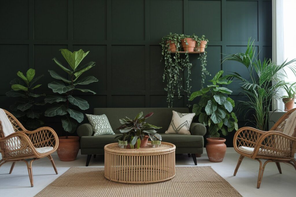 dark green living room with rattan furniture and lots of houseplants
