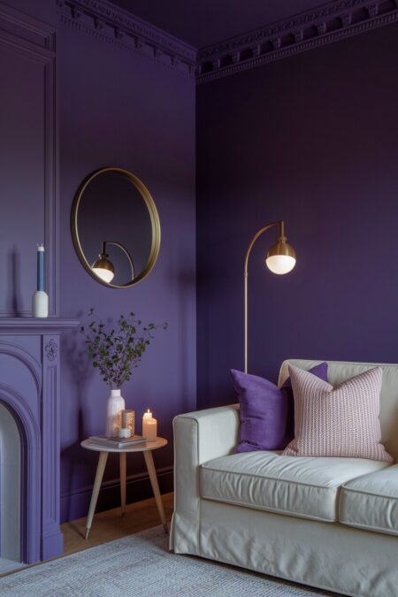 moody, dark lavender living room with ambient lighting, warm white candles, and a soft cream sofa