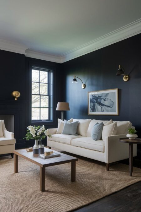 dark living room with deep navy walls, warm brass fixtures, a cream linen sofa, and jute area rug