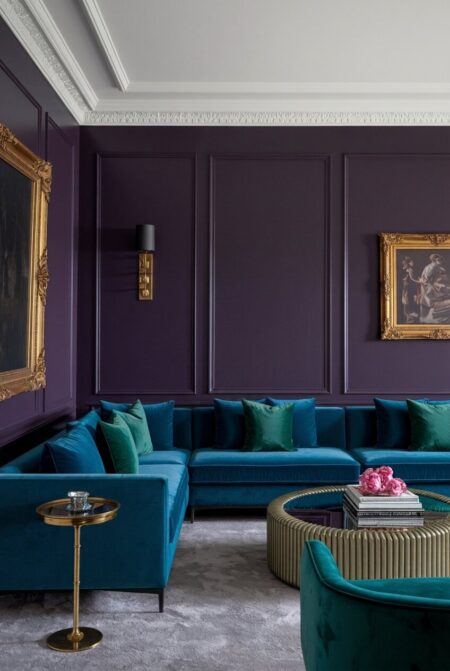 dark living room with eggplant walls, sapphire blue velvet sectional, and emerald green accent pillows