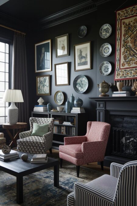dark living room with maximalist decor (mismatched upholstered chairs, decorative plates, framed prints)