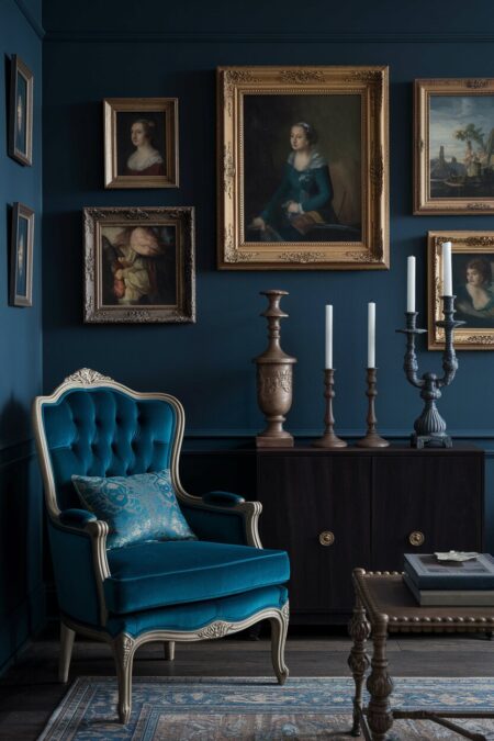 dark living room with midnight blue walls, Victorian-era button-back chair in deep teal, and vintage decor
